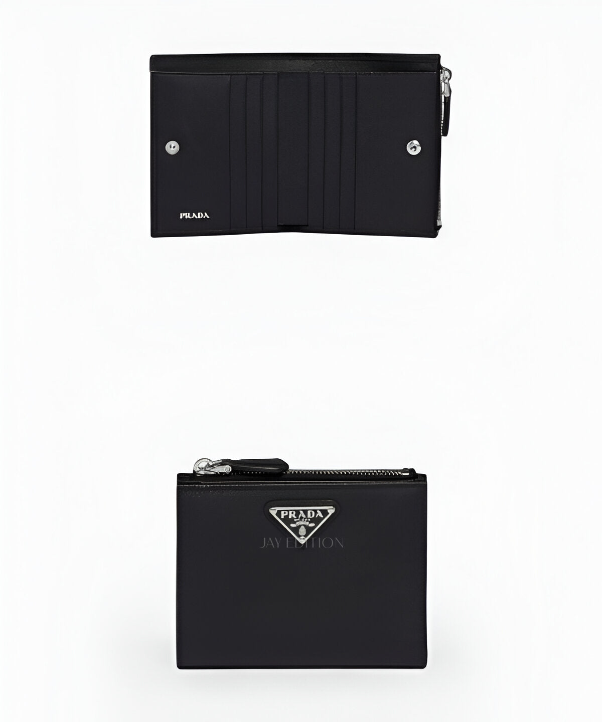 프라다 사피아노 레더 지퍼 반지갑, 블랙 사피아노 가죽으로 제작된 콤팩트한 지퍼형 반지갑으로, 외부에 프라다 메탈 로고가 장식되어 있으며, 내부에는 카드 슬롯, 지폐 수납 공간, 지퍼형 코인 포켓이 구성된 실용적이고 세련된 디자인