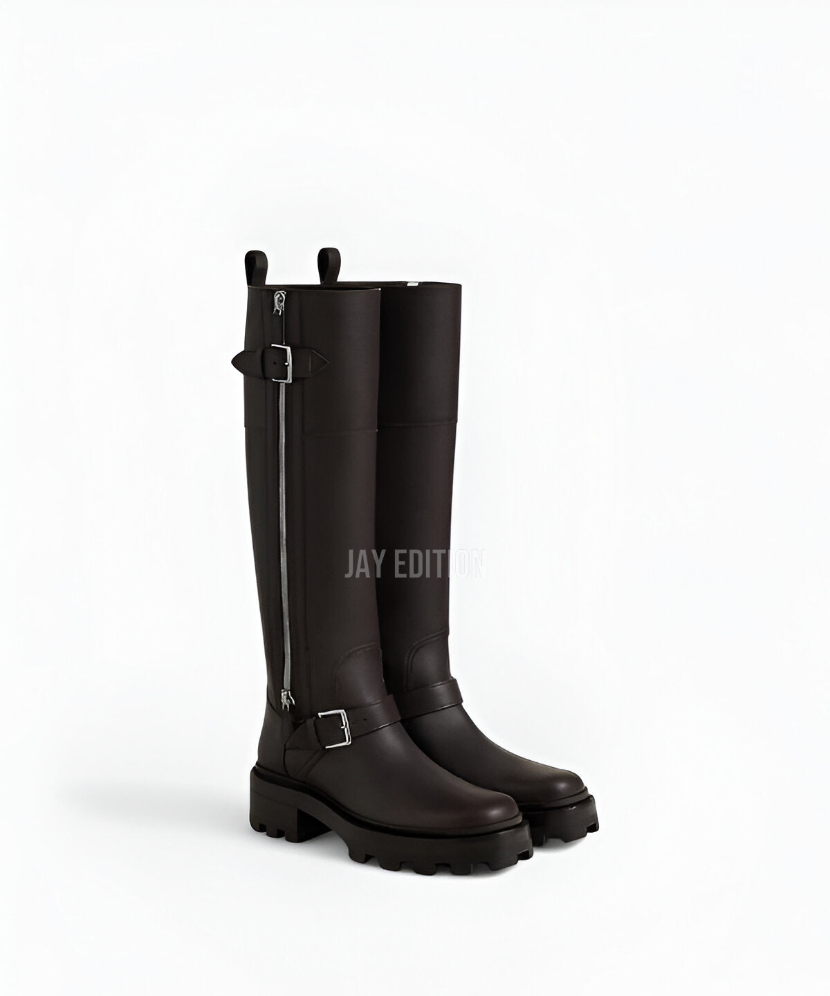 에르메스 Bota Jaime 부츠 송아지 가죽 하이 부츠와 톱니형 러버 아웃솔 디테일