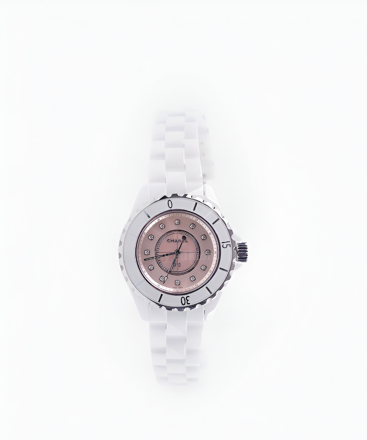 샤넬 J12 33mm 핑크 다이아 인디케이터 쿼츠 시계 화이트 세라믹