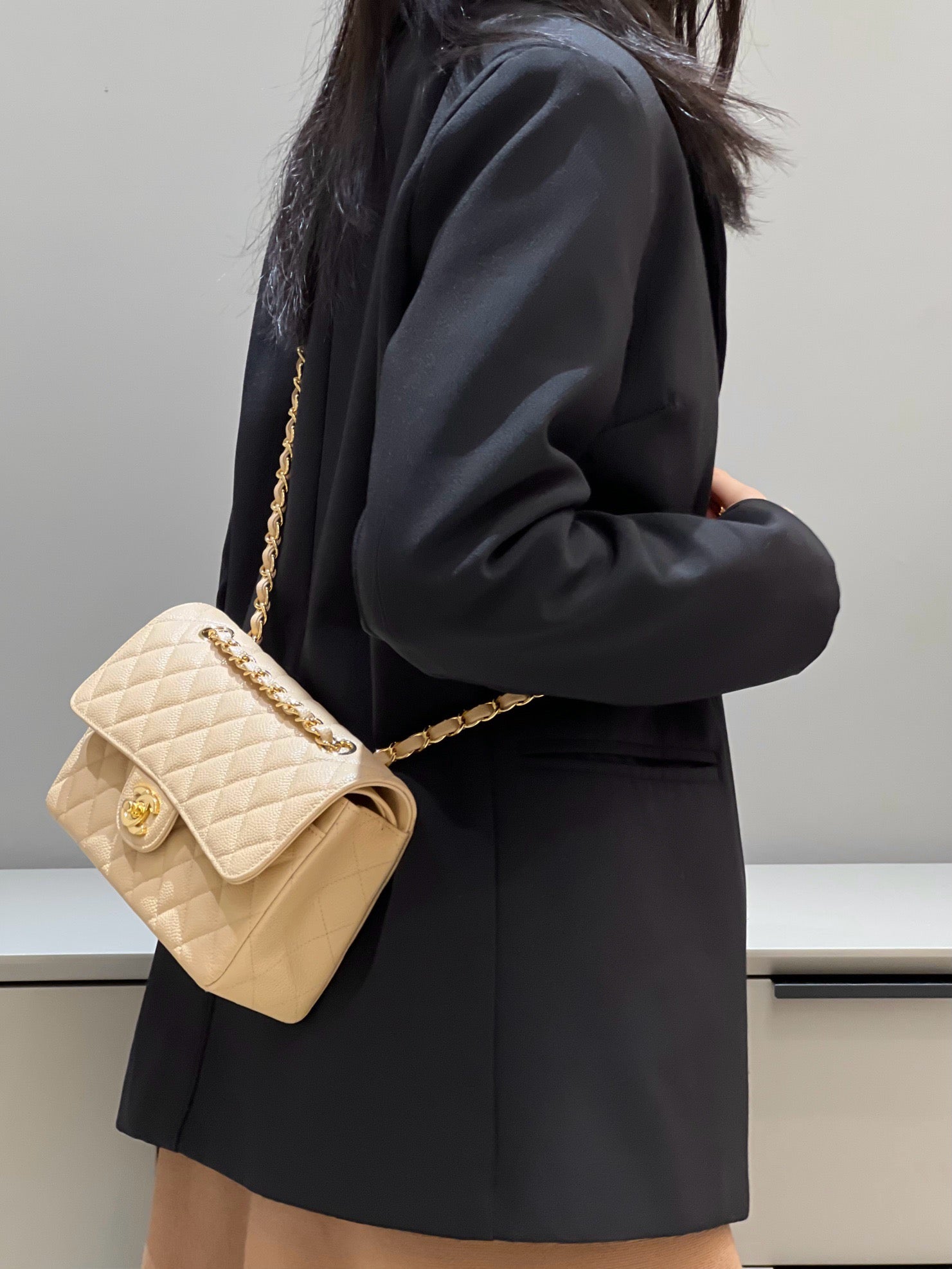 샤넬 클래식 플랩백 스몰 캐비어 (베이지)