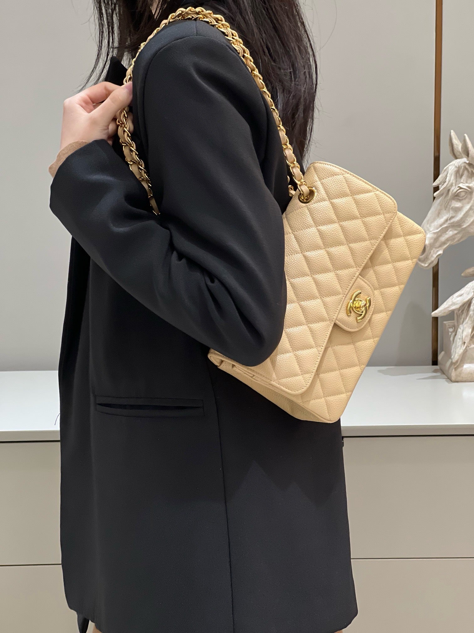 샤넬 클래식 플랩백 스몰 캐비어 (베이지)