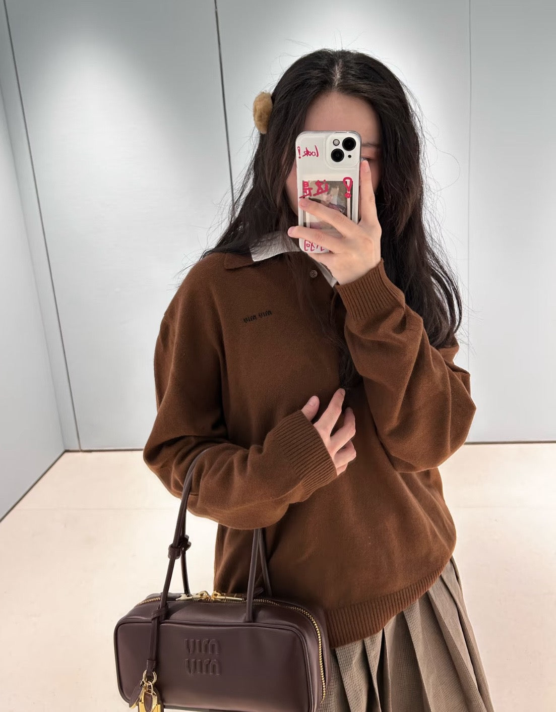 미우미우 가죽 보 백 스몰 (다크 브라운)