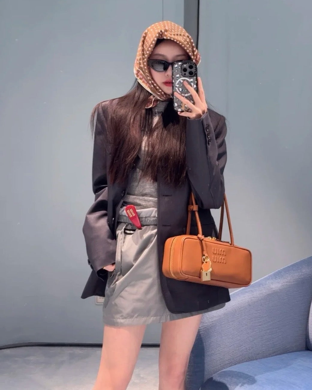 미우미우 가죽 보 백 스몰 (브라운)