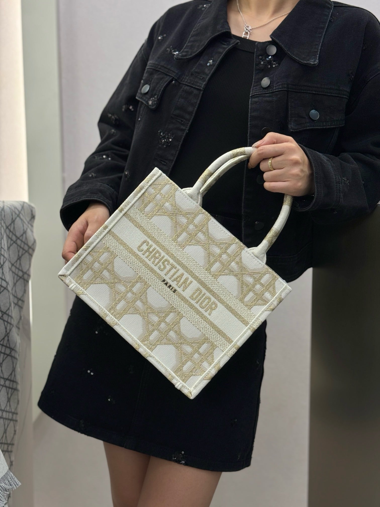 디올 매크로까나쥬 자수 화이트 골드 북 토트백 스몰