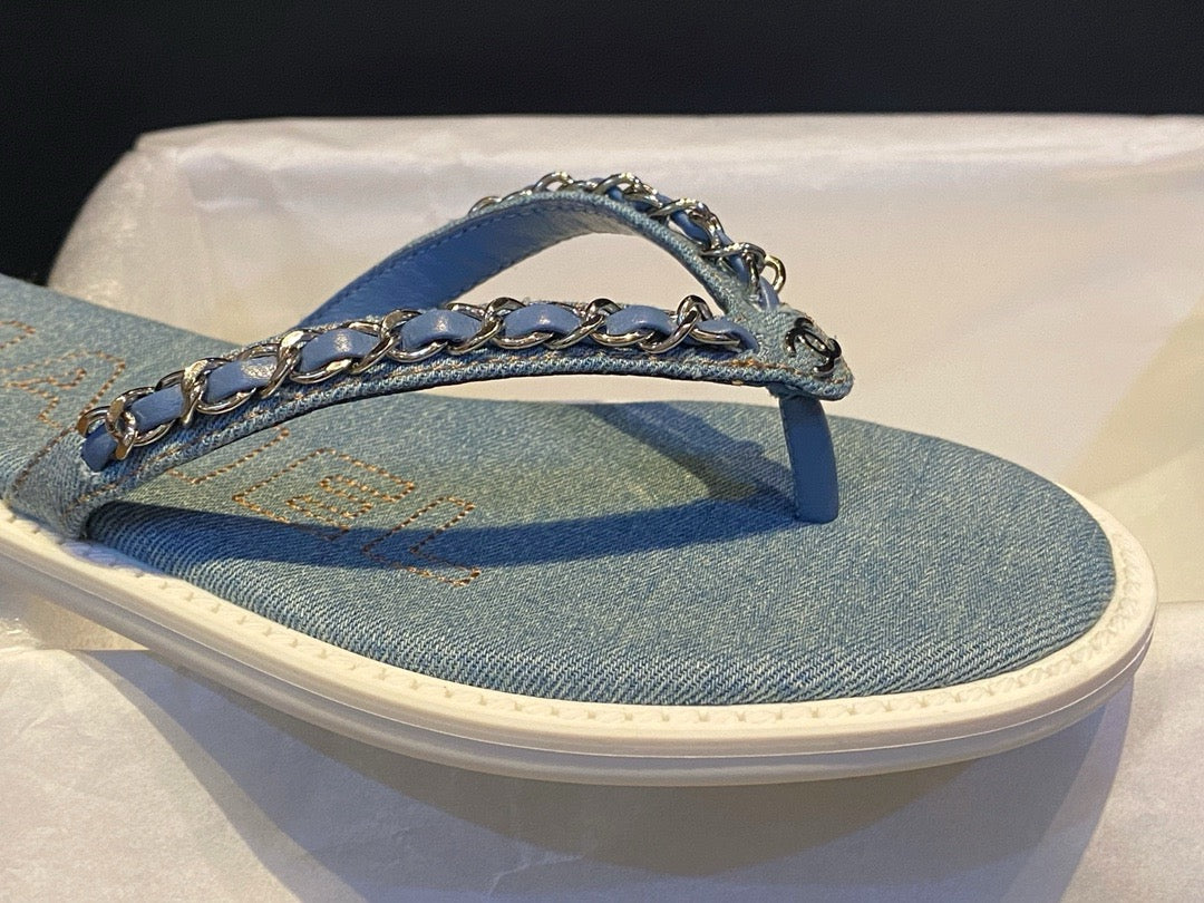 샤넬 CC 로고 체인 데님 플립플랍