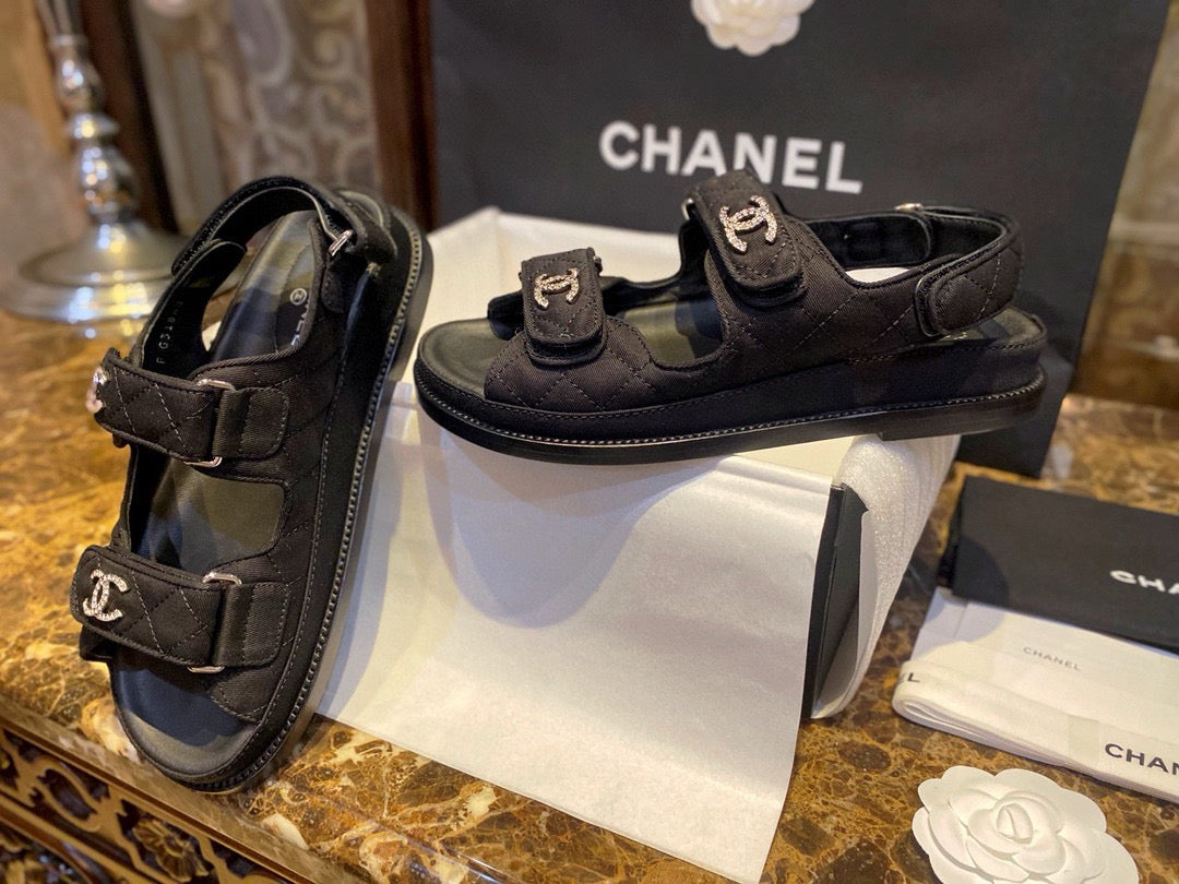 샤넬 큐빅 CC로고 벨크로 샌들 패브릭