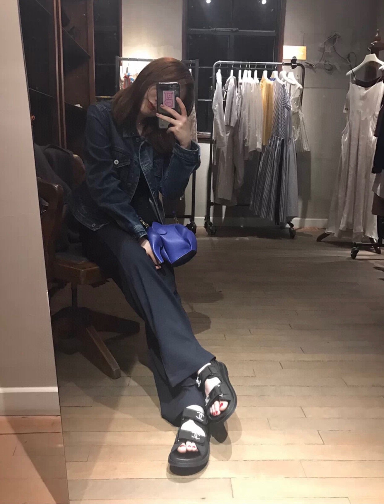 샤넬 큐빅 CC로고 벨크로 샌들 패브릭