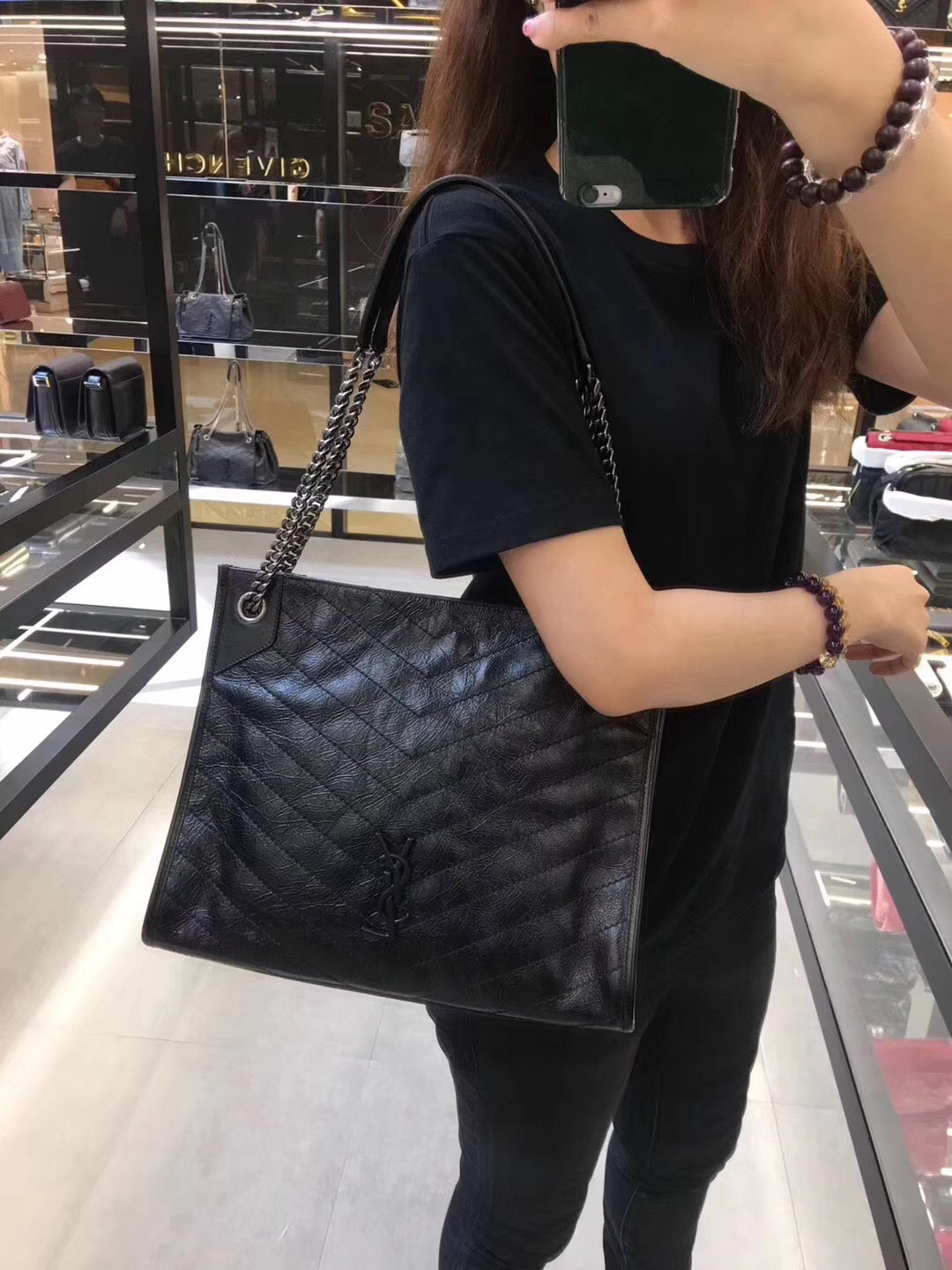 생로랑 니키 쇼핑백 빈티지 레더 미디움