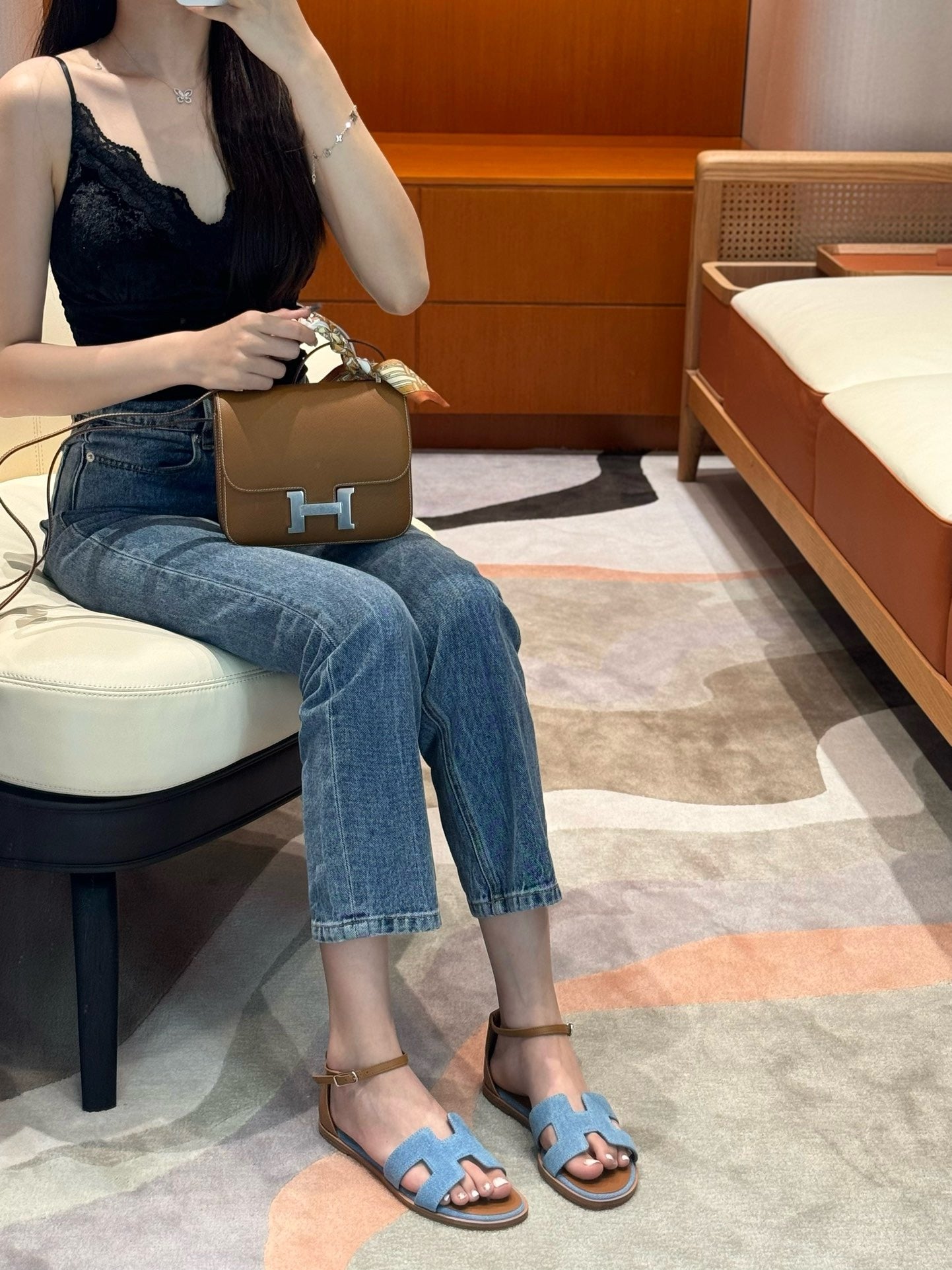 에르메스 Santorini 산토리니 샌들 데님