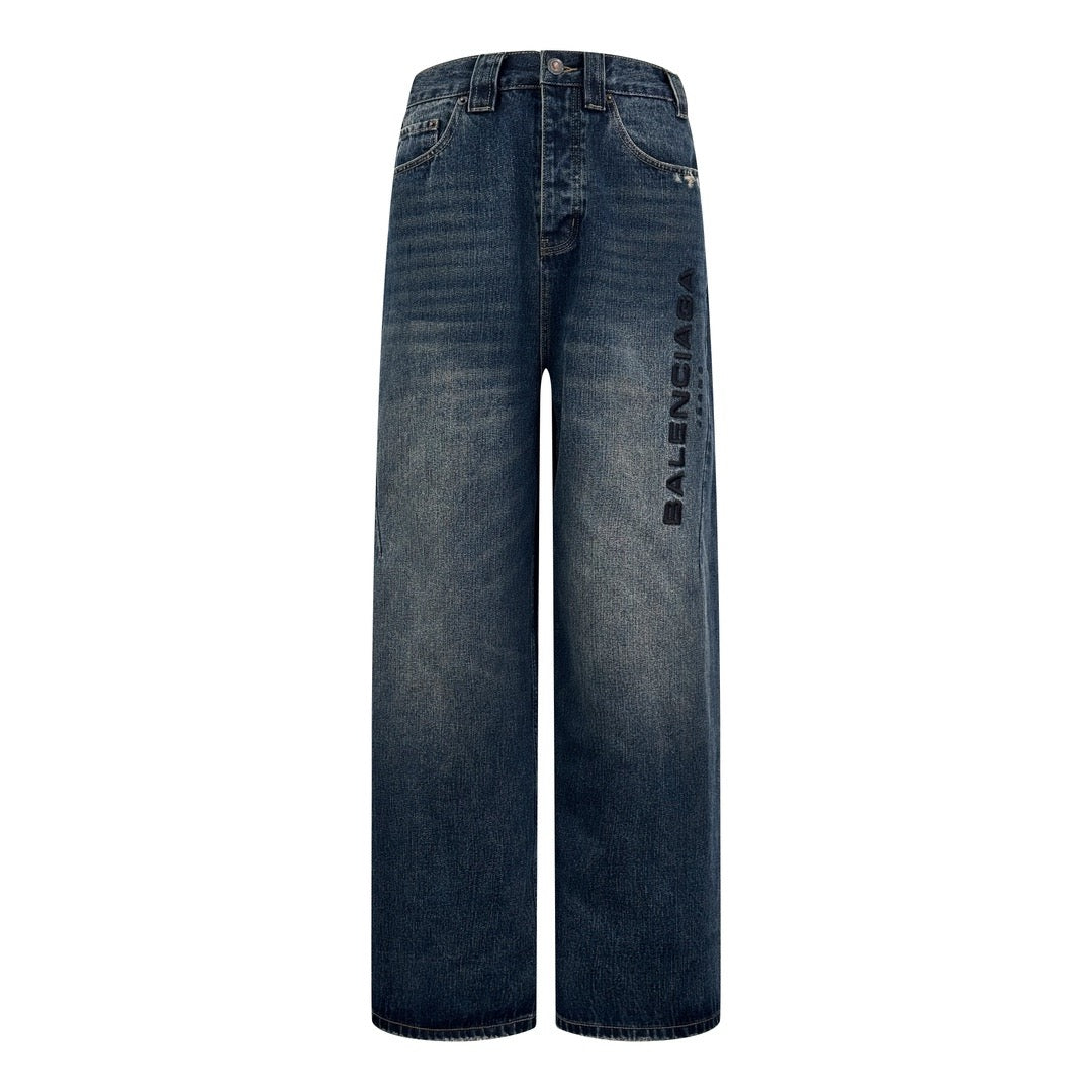 발렌시아가 로고 워싱 배기 데님 팬츠