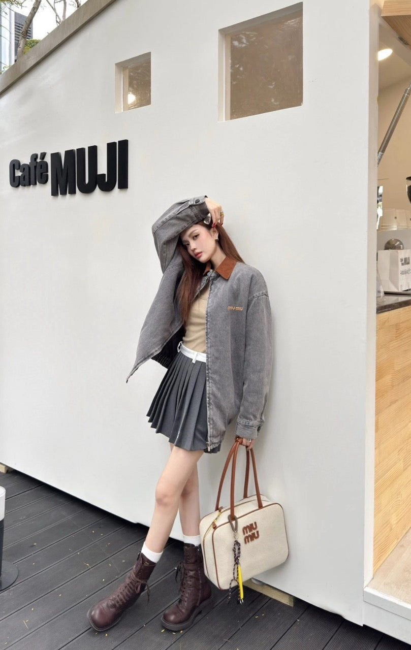 미우미우 벨벳 칼라 샴브레이 자켓