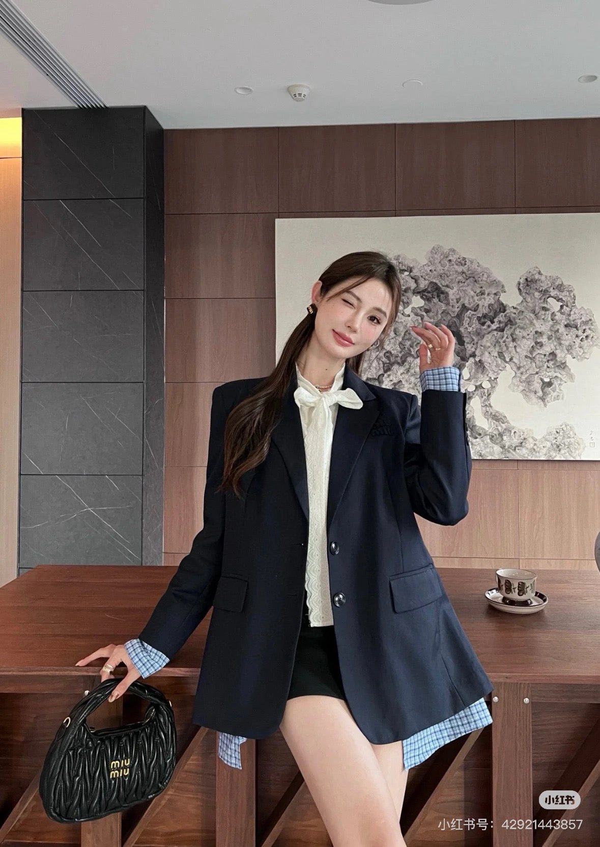 미우 미우 싱글 브레스티드 개버딘 자켓 네이비