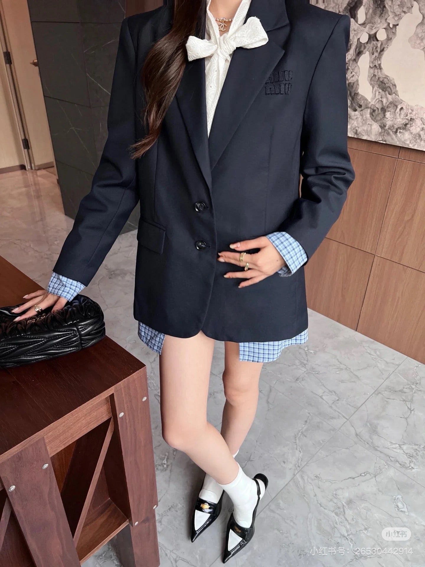 미우 미우 싱글 브레스티드 개버딘 자켓 네이비