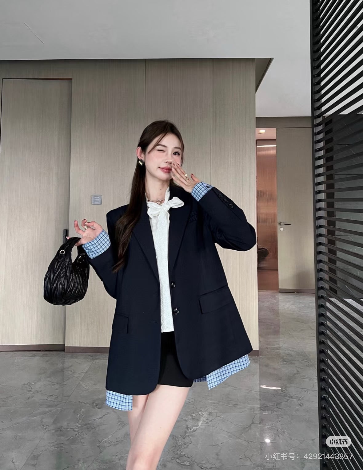 미우 미우 싱글 브레스티드 개버딘 자켓 네이비