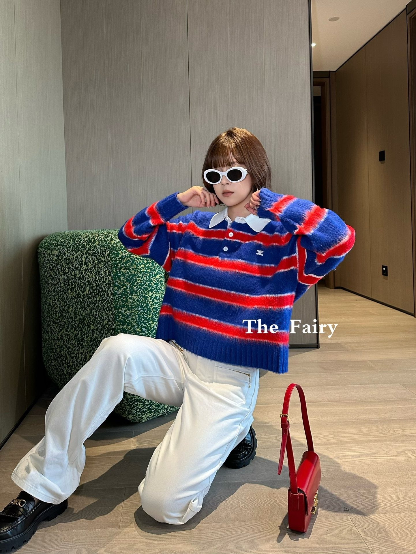 셀린느 브러시드 스트라이프 코튼 폴로 스웨터