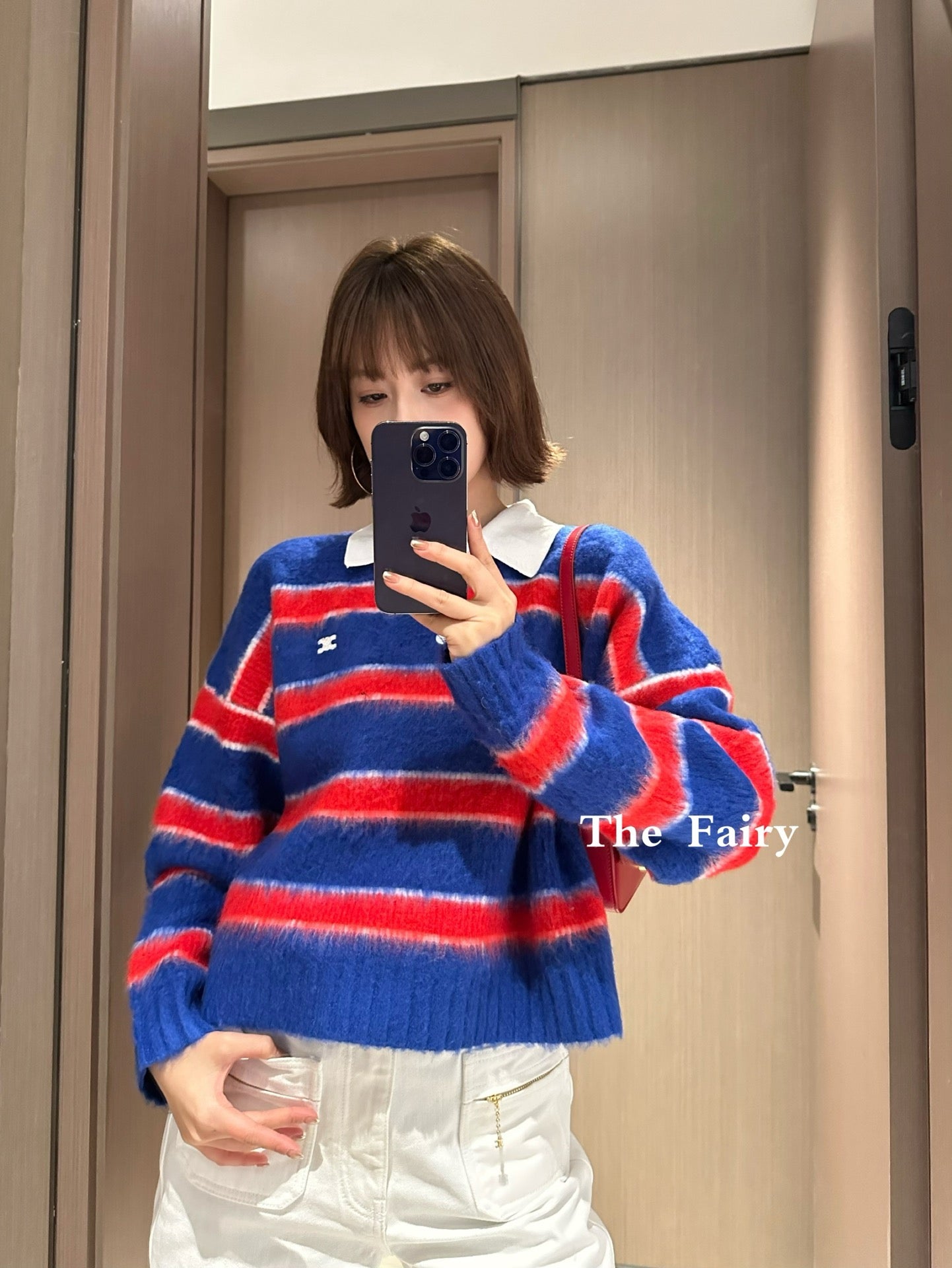 셀린느 브러시드 스트라이프 코튼 폴로 스웨터