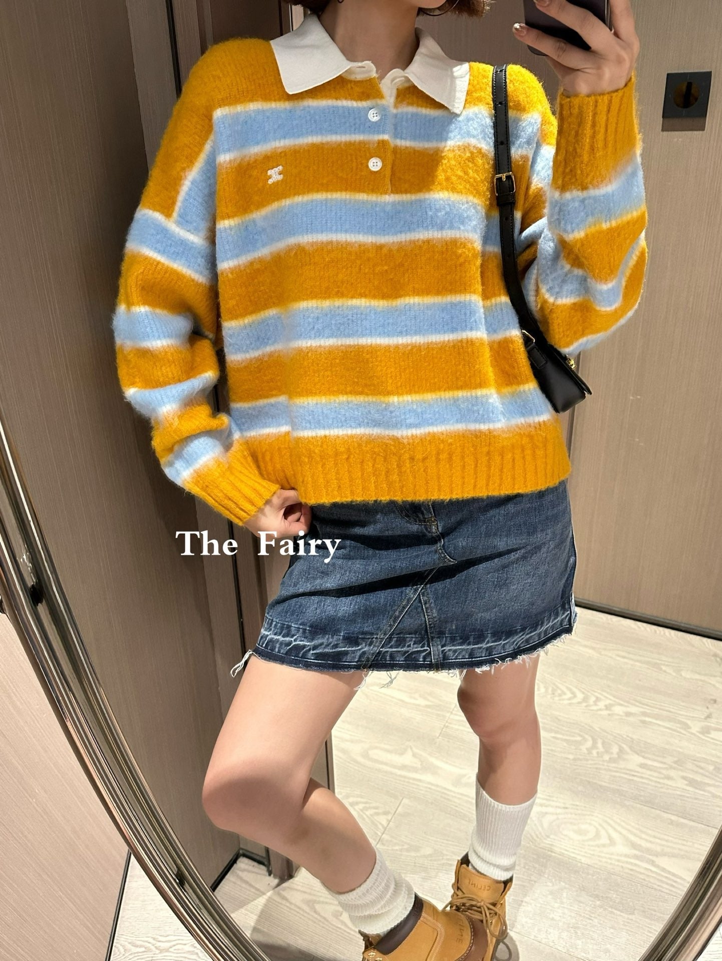 셀린느 브러시드 스트라이프 코튼 폴로 스웨터