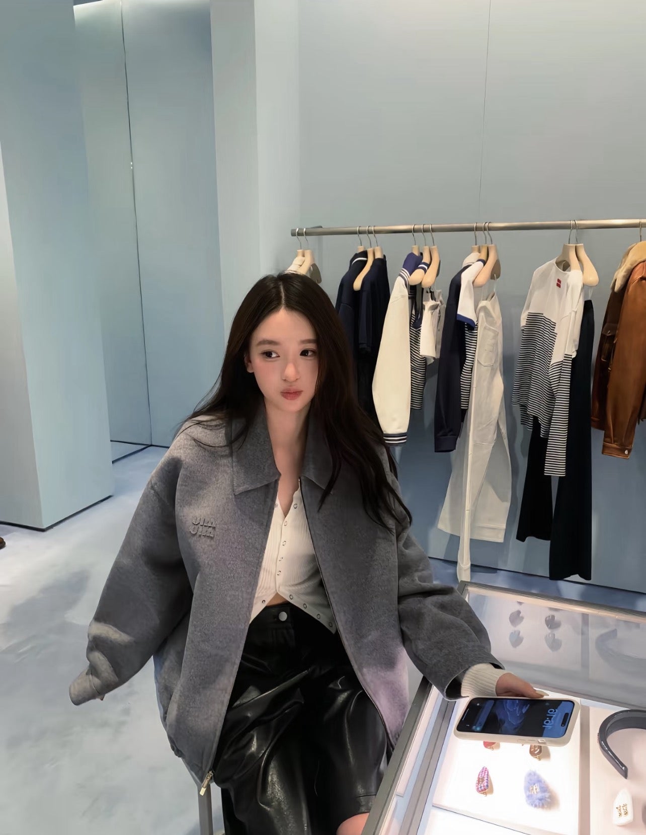 미우미우 더블 캐시미어 블루종 자켓