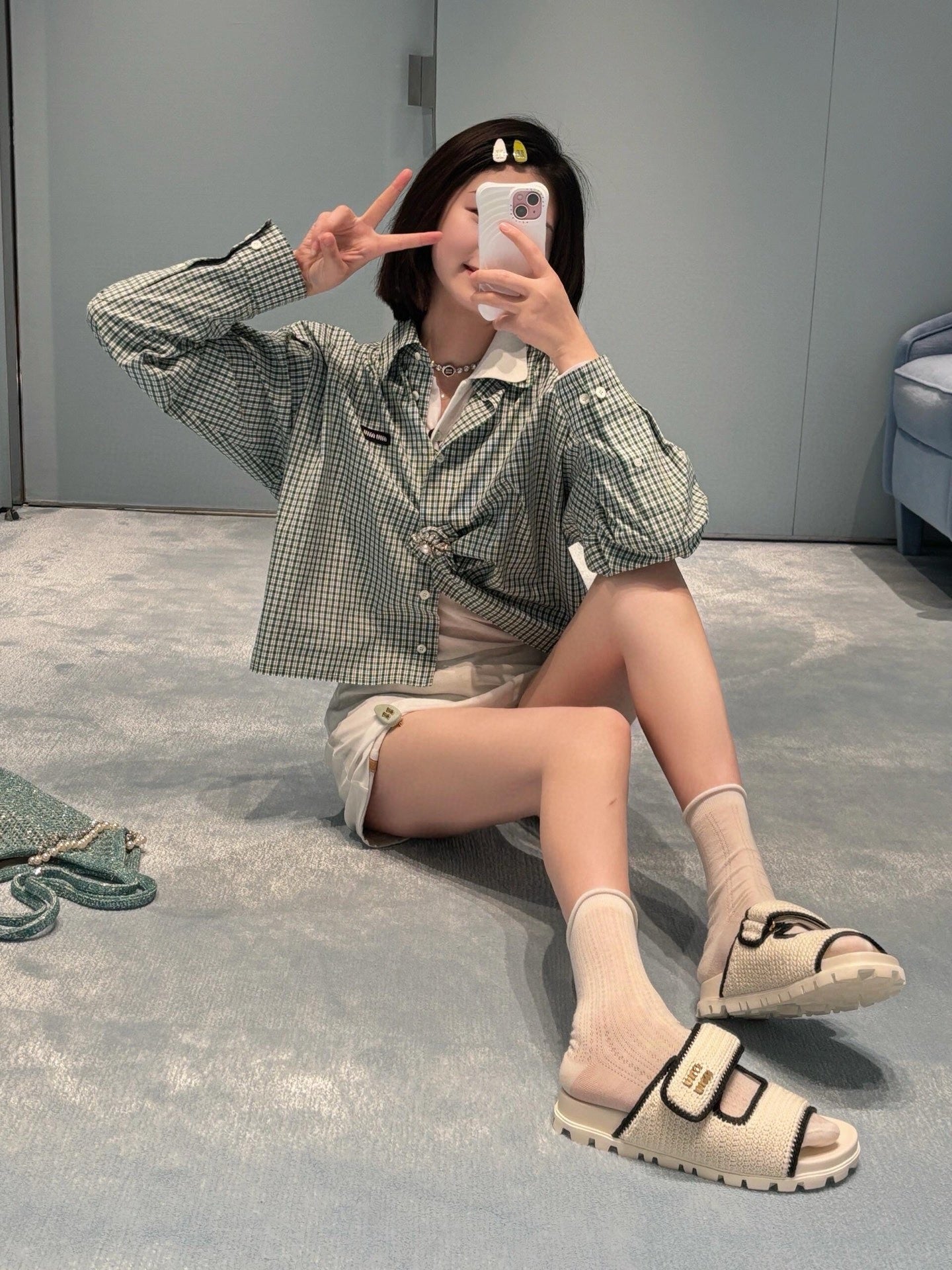 미우미우 에메랄드 체크 셔츠