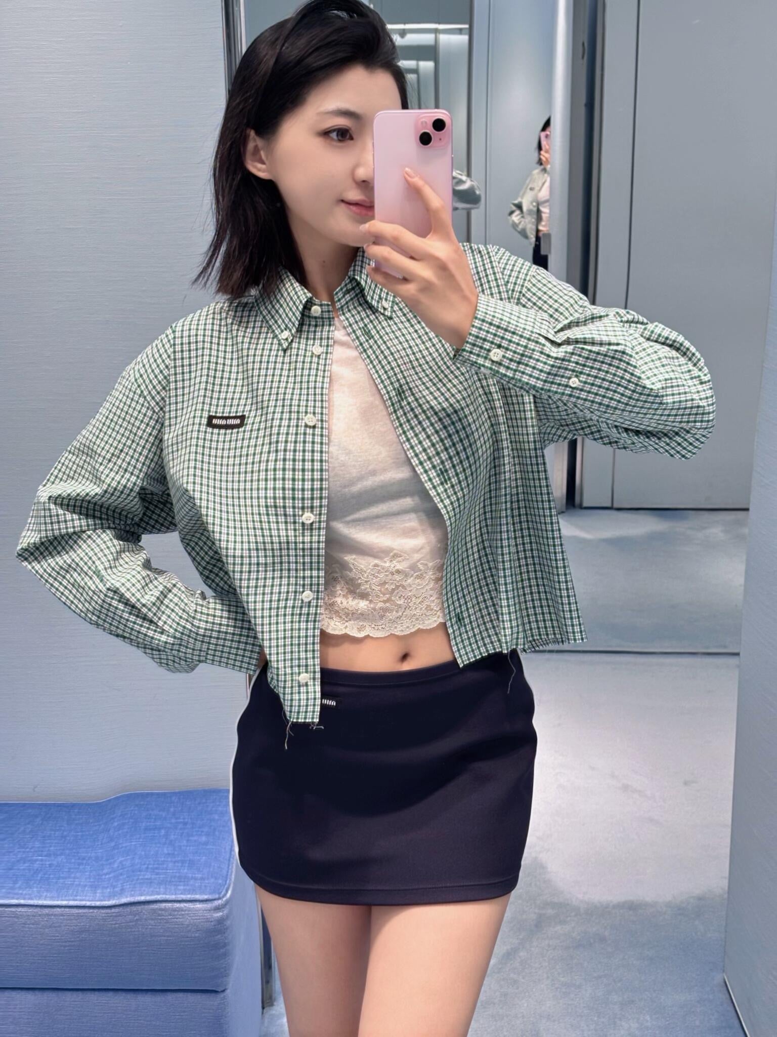미우미우 에메랄드 체크 셔츠