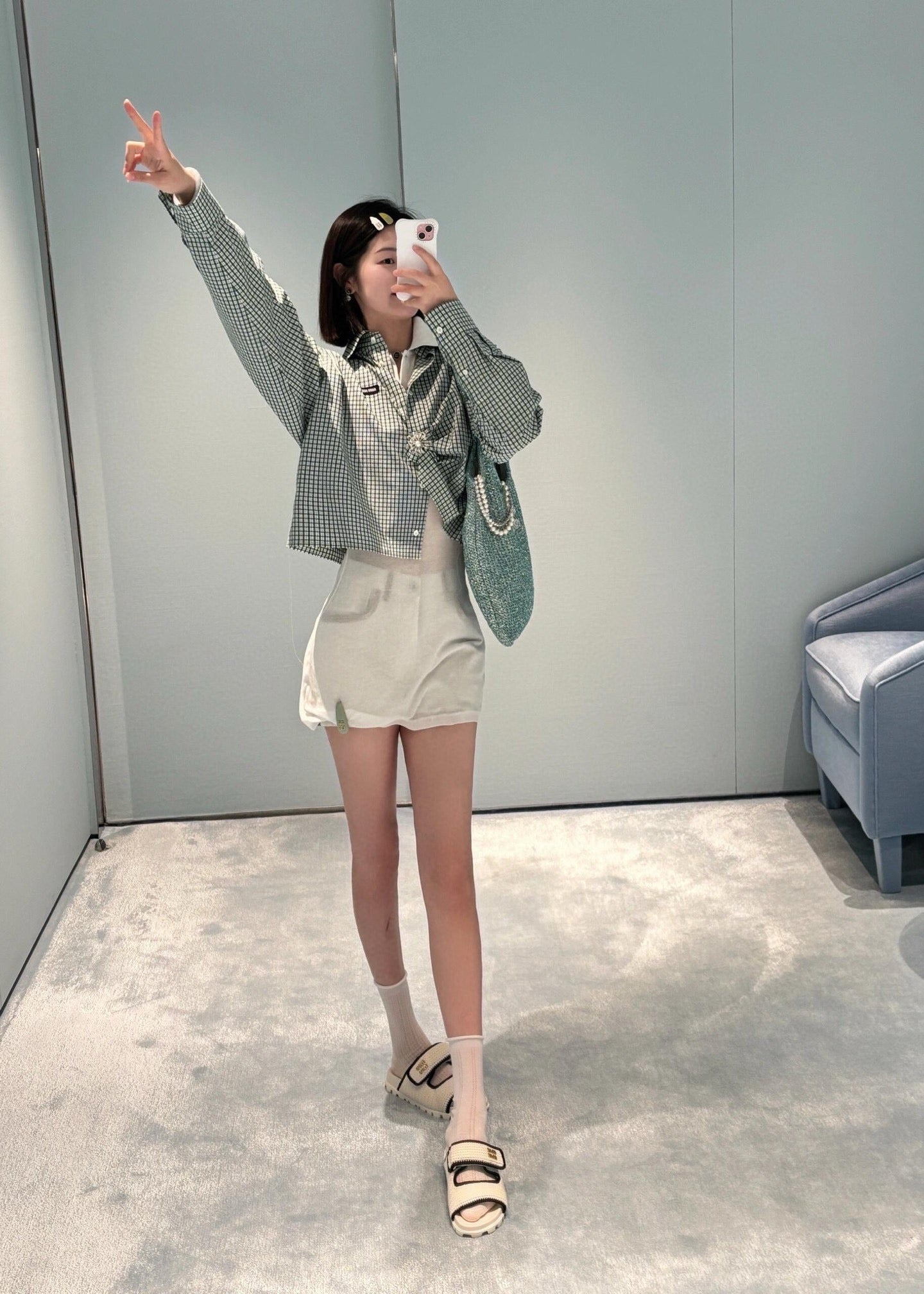 미우미우 에메랄드 체크 셔츠