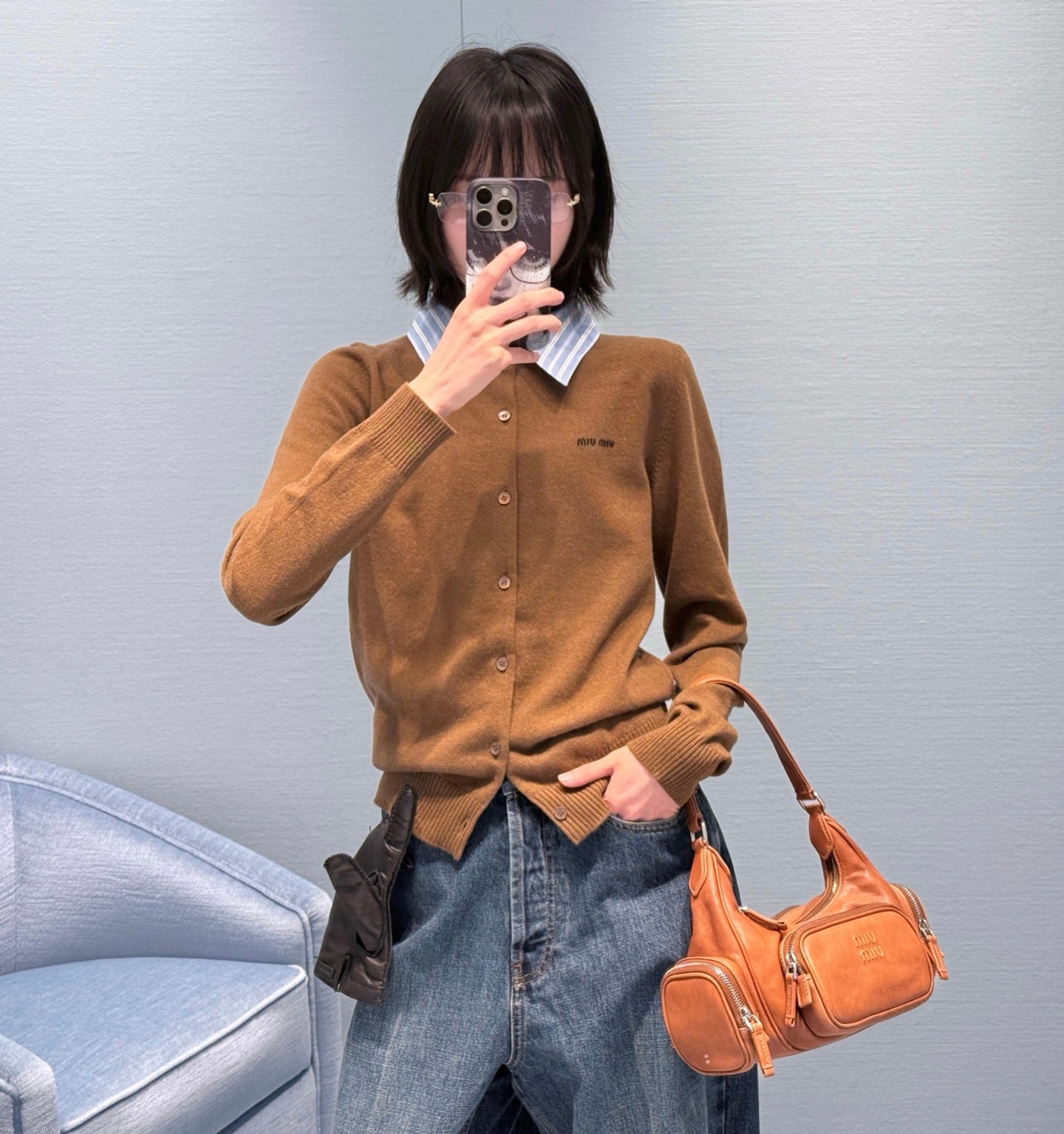미우미우 카라 장식 캐시미어 가디건