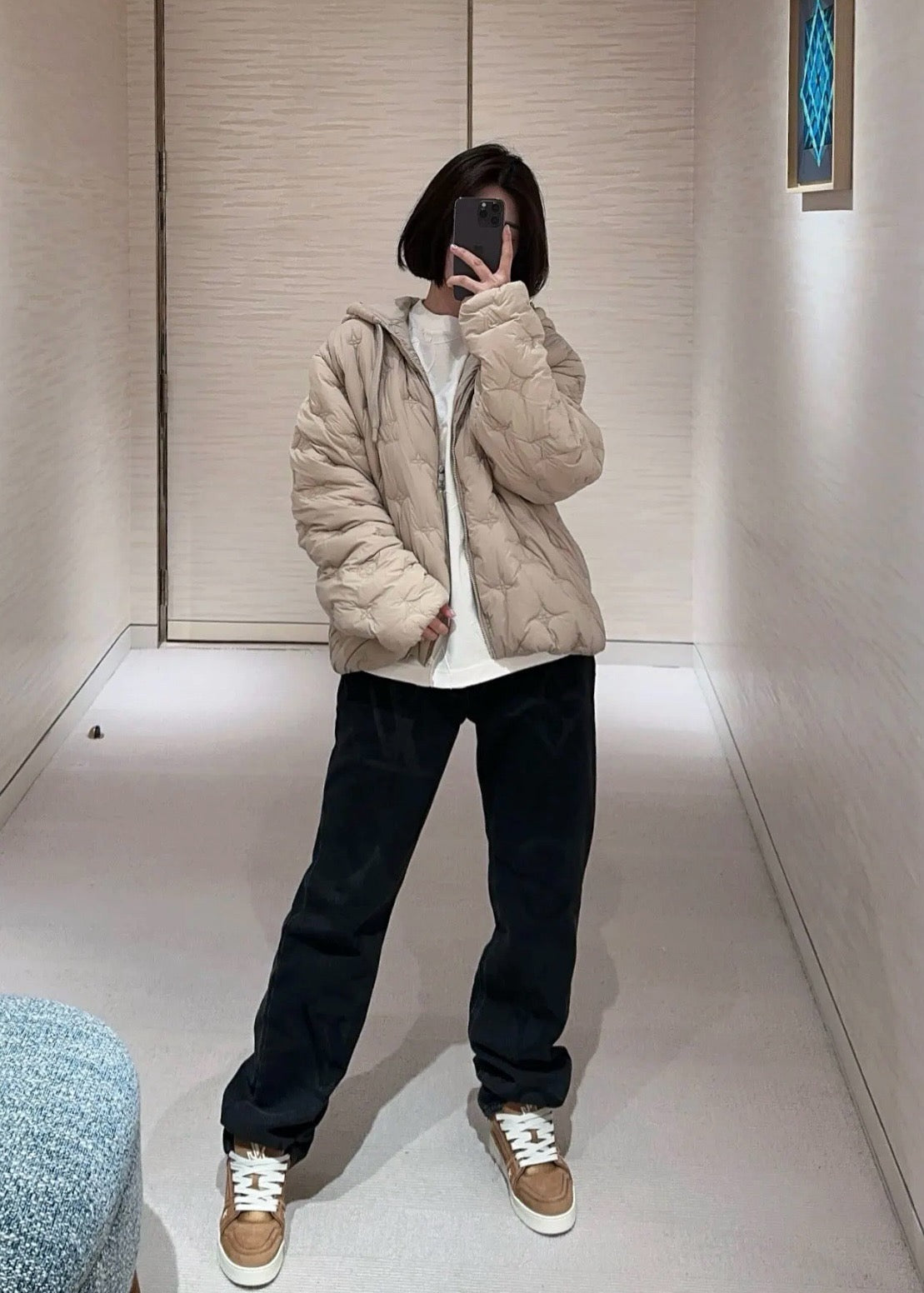 루이비통 모노그램 퀼티드 나일론 후디드 블루종