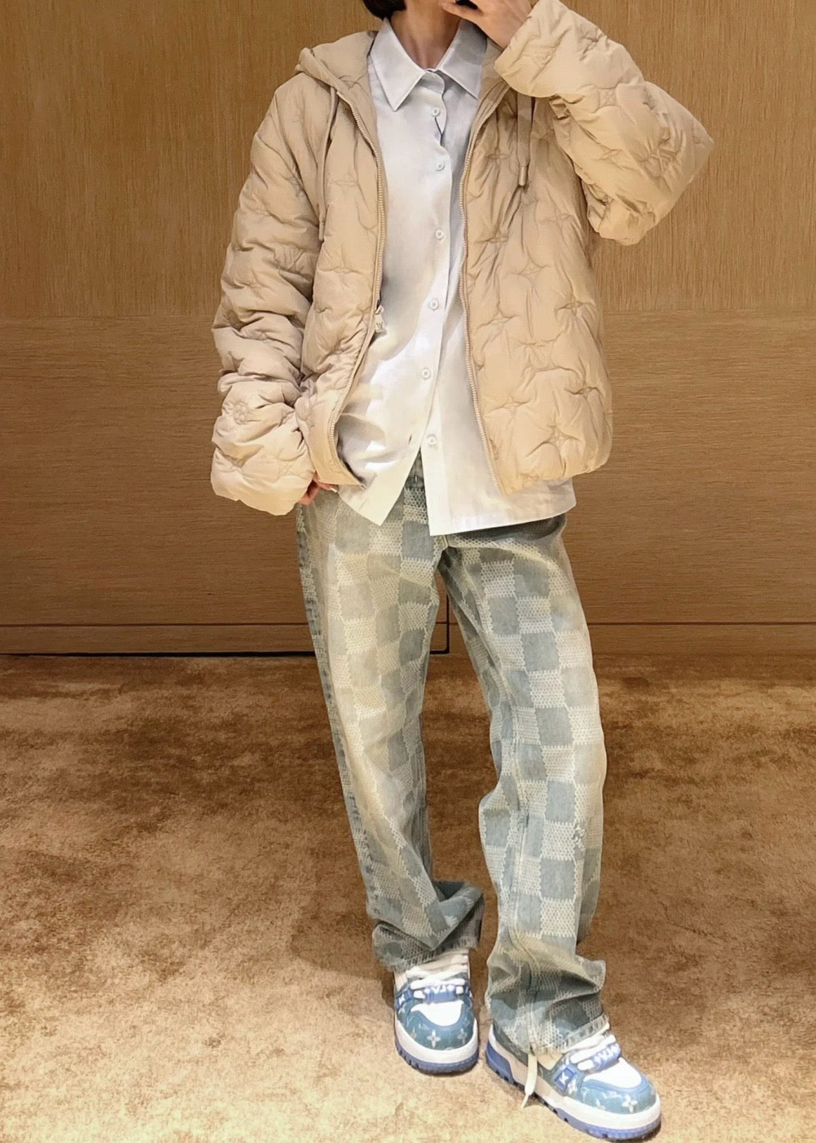 루이비통 모노그램 퀼티드 나일론 후디드 블루종