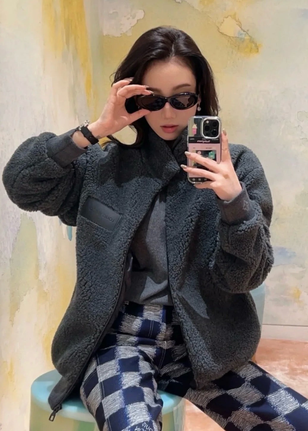 루이비통 레더 패치 플리스 블루종