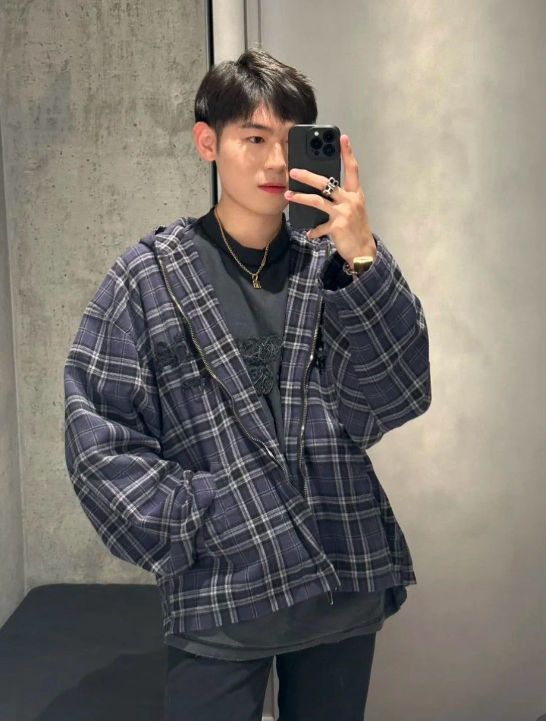 발렌시아가 블루 체크 로고패치 후드집업