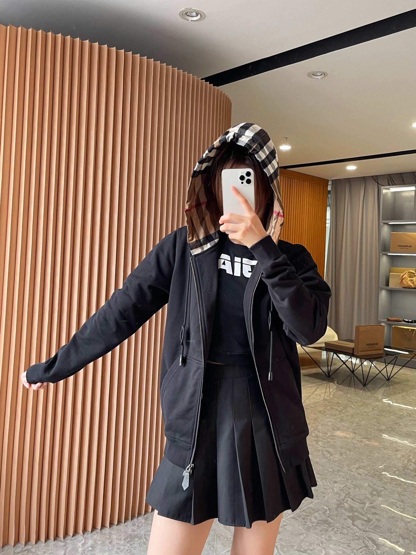 버버리 체크 후드 코튼 지퍼 후드