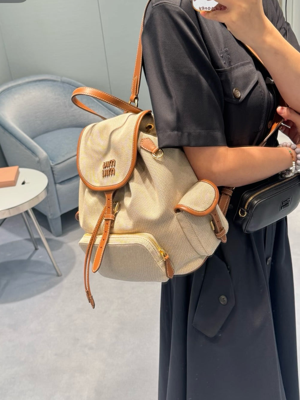 미우미우 캔버스 가죽 백팩 라지