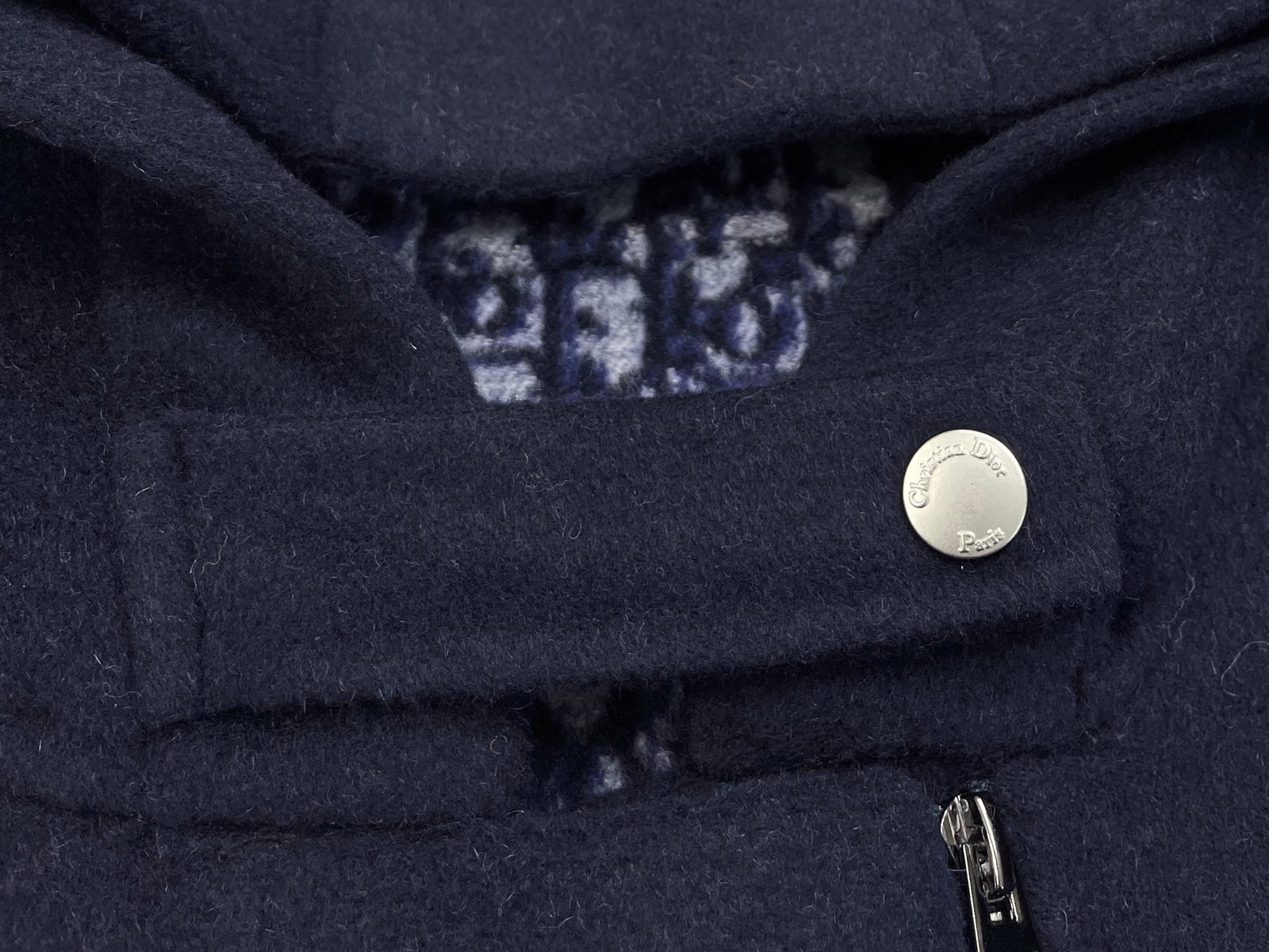 디올 지퍼 후드 네이비 블루 양면 버진 울 실크 피코트