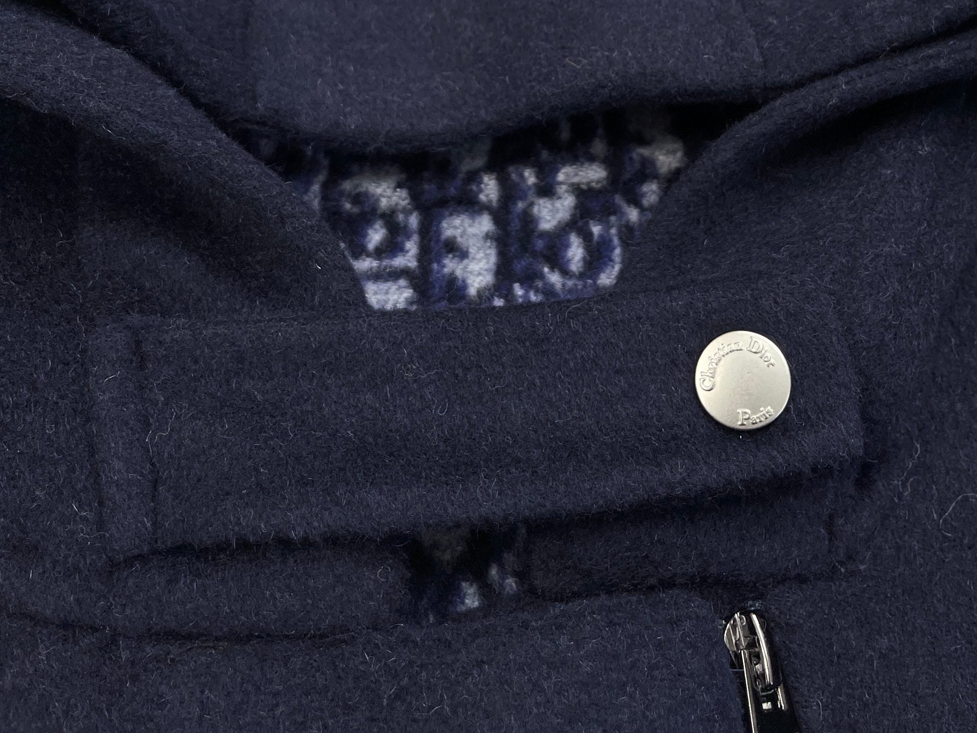 디올 지퍼 후드 네이비 블루 양면 버진 울 실크 피코트