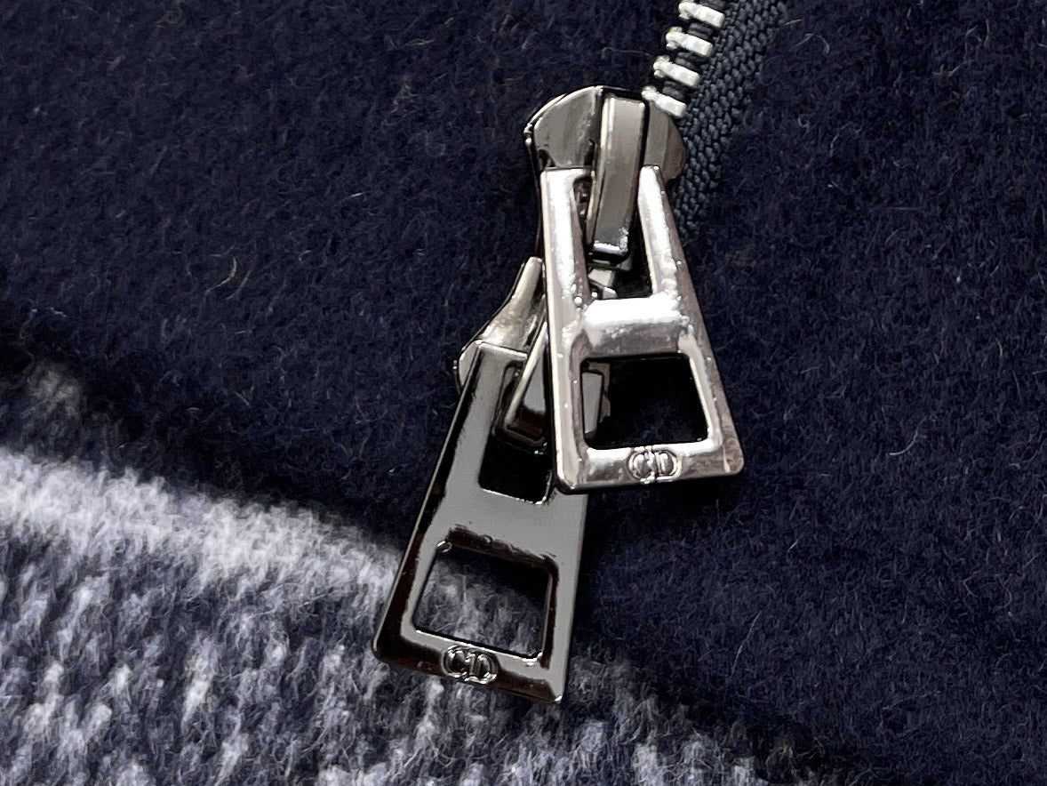 디올 지퍼 후드 네이비 블루 양면 버진 울 실크 피코트