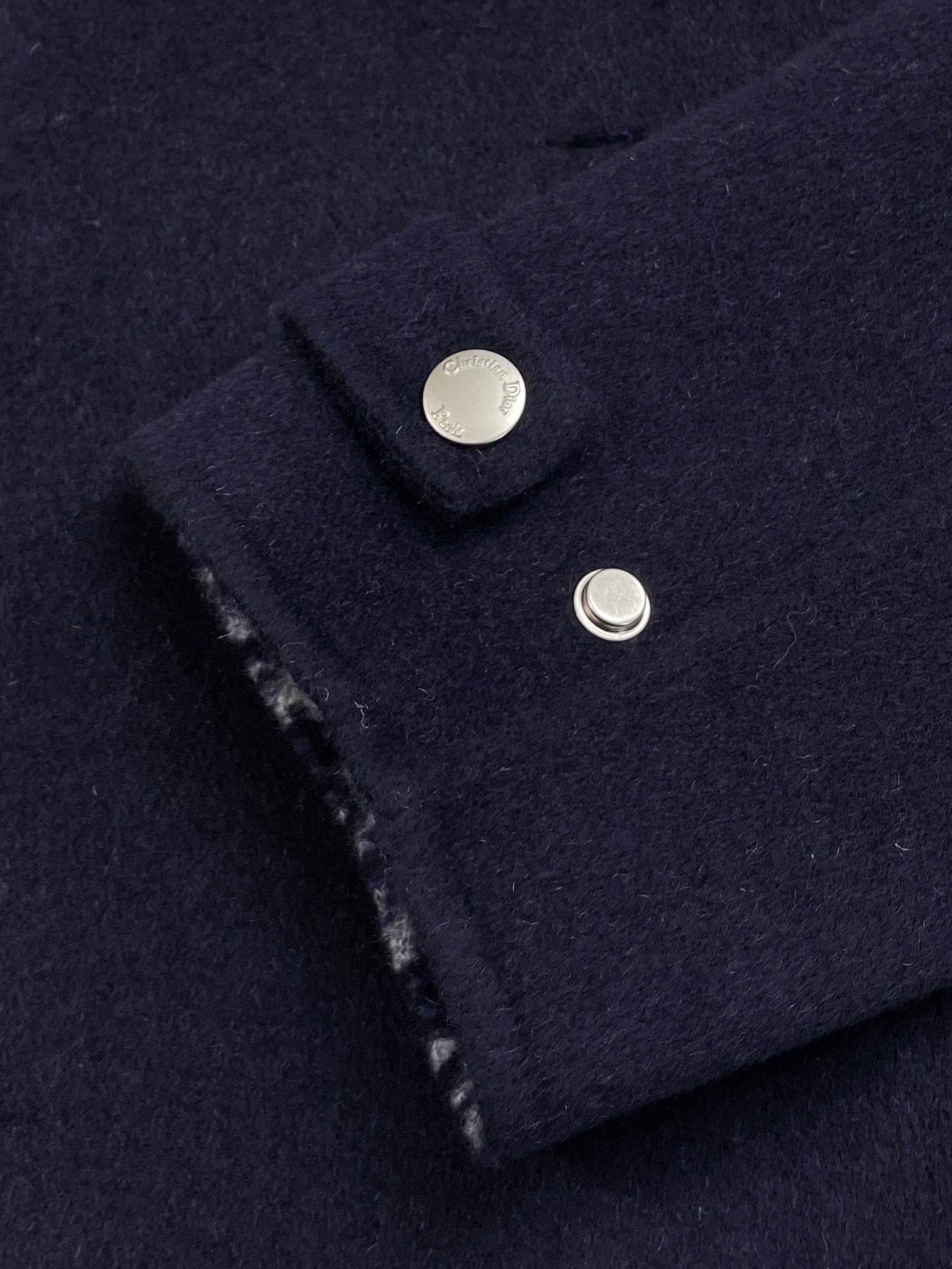 디올 지퍼 후드 네이비 블루 양면 버진 울 실크 피코트