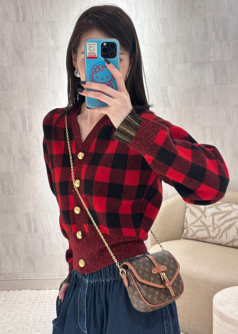 루이비통 그래픽 체크 니트 가디건