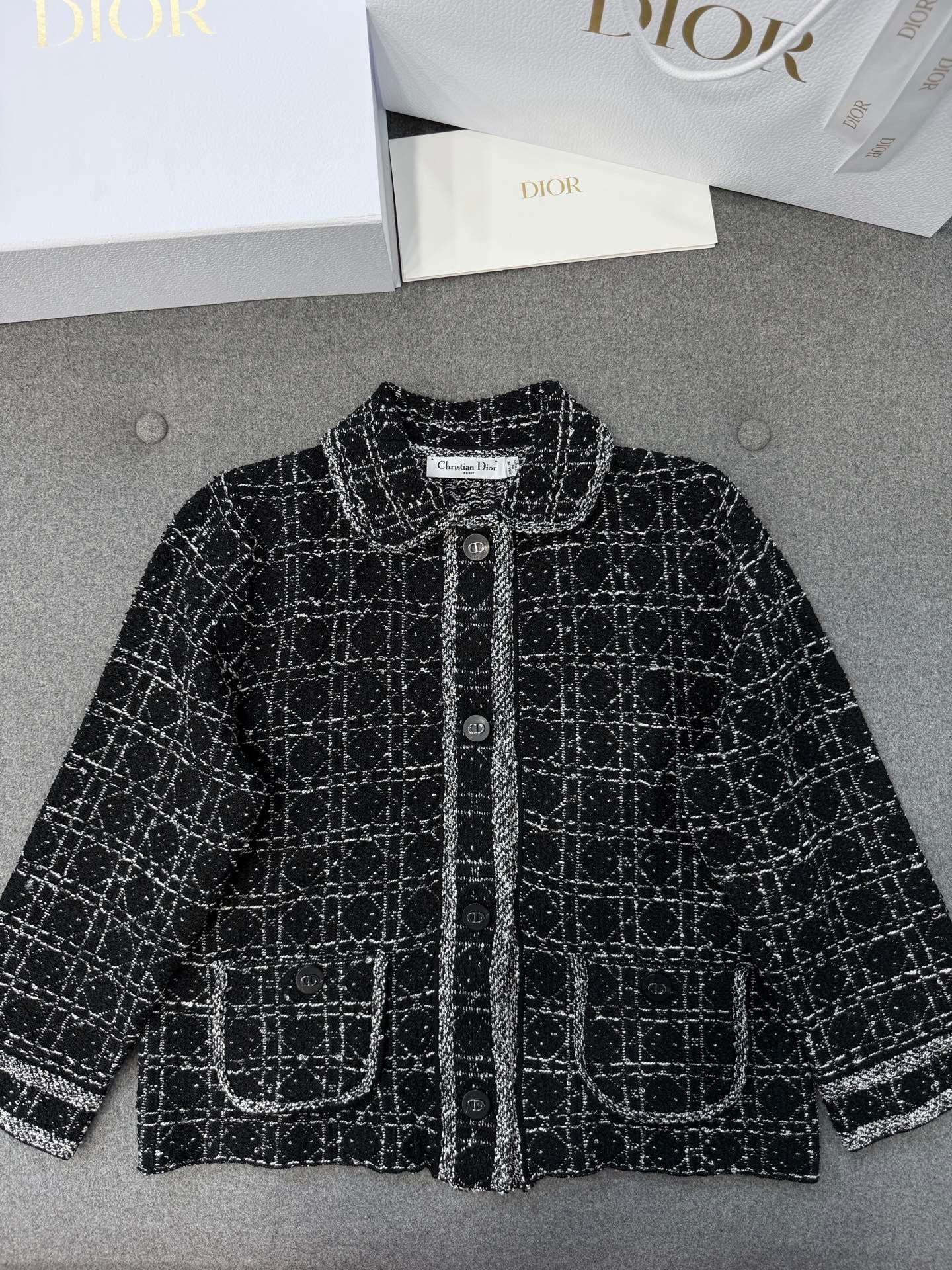 디올 매크로 까나쥬 재킷 블랙 앤 화이트 테크니컬 코튼 트위드