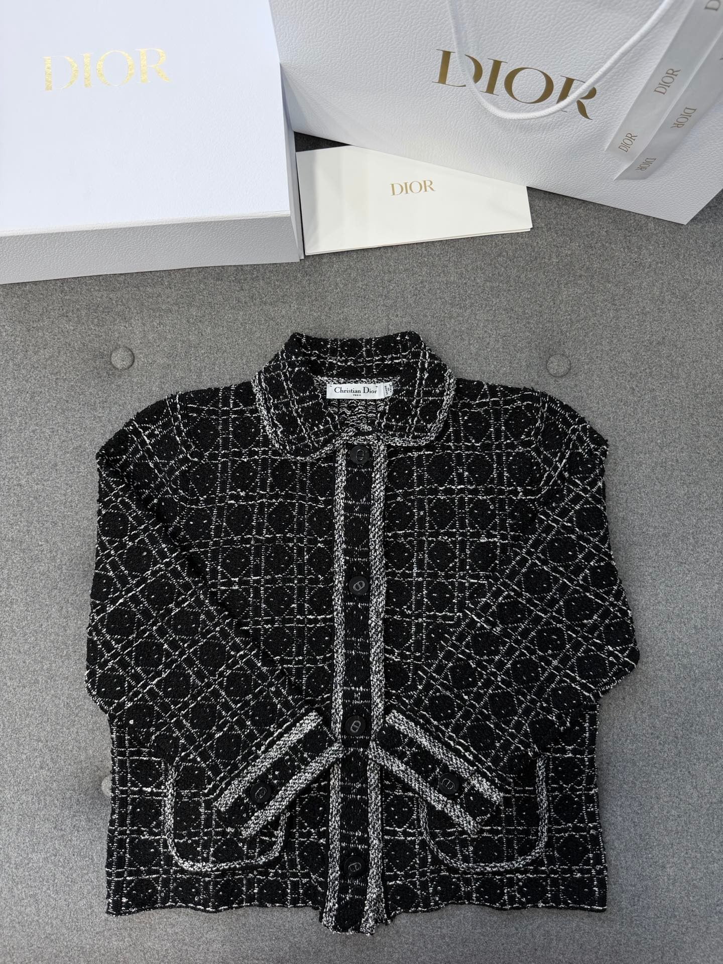 디올 매크로 까나쥬 재킷 블랙 앤 화이트 테크니컬 코튼 트위드