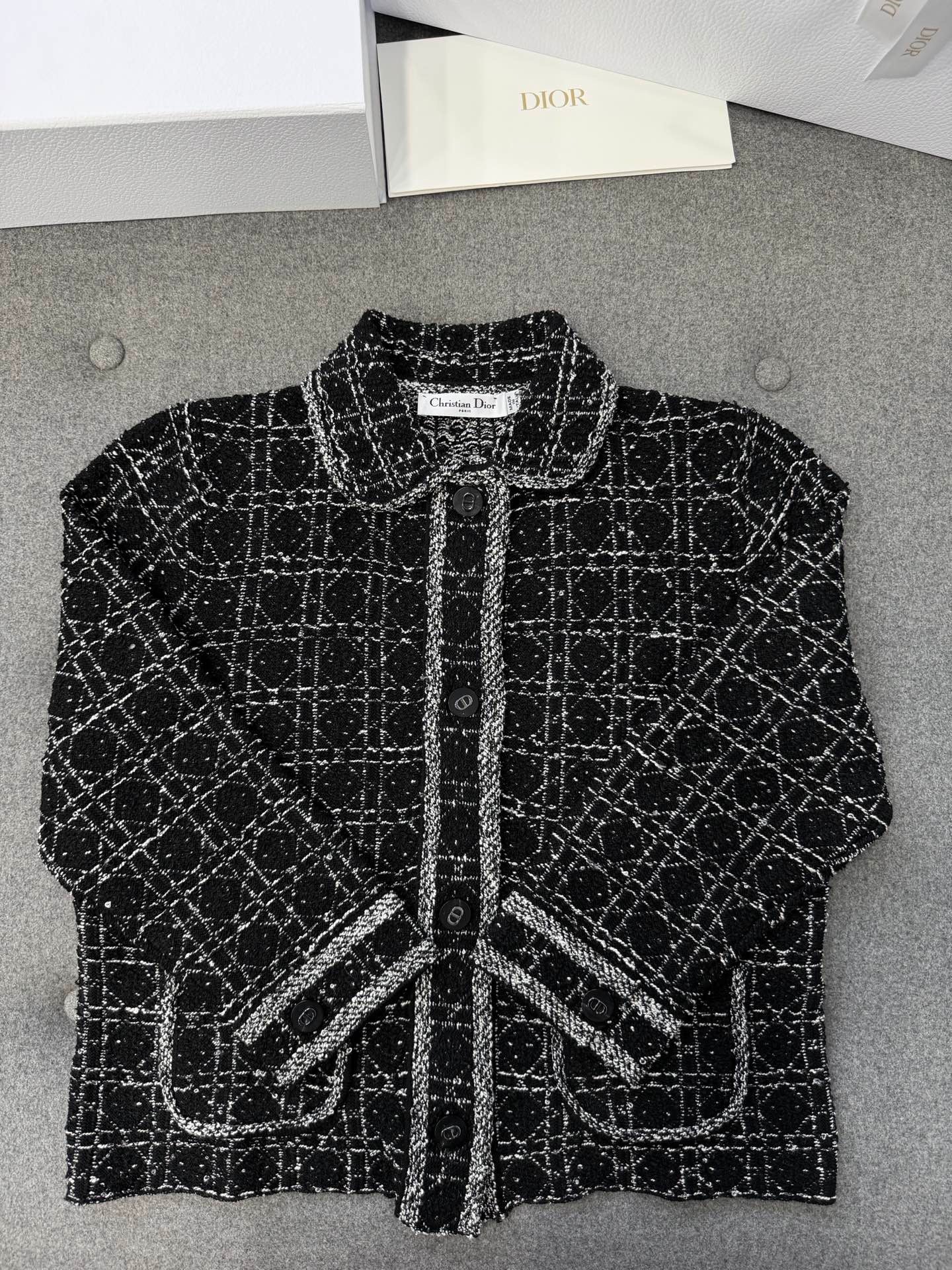 디올 매크로 까나쥬 재킷 블랙 앤 화이트 테크니컬 코튼 트위드