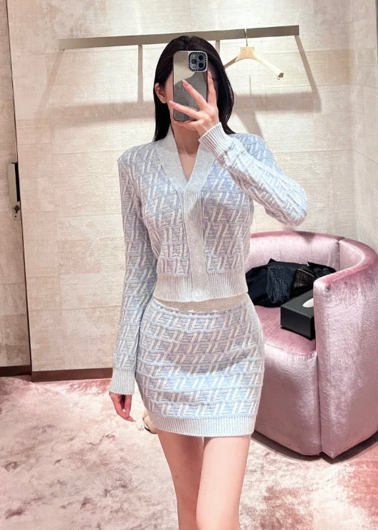 펜디 라이트 블루 FF 캐시미어 울 카디건 셋업