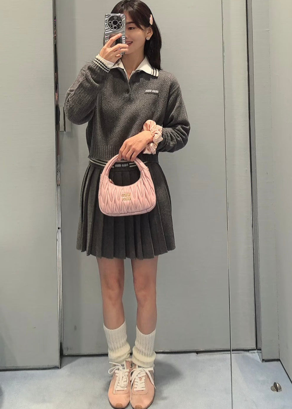 미우미우 울 앤 캐시미어 폴로 스웨터 슬레이트 그레이