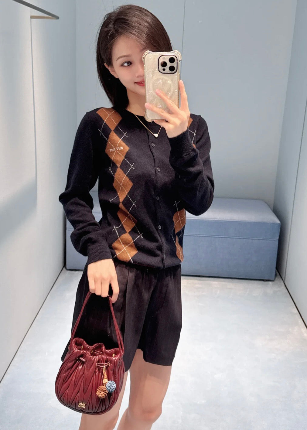 미우미우 아가일 캐시미어 가디건 블루