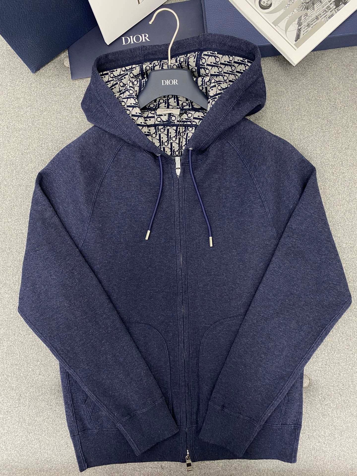 디올 네이비 블루 코튼 캐시미어 니트 후드 트랙 자켓