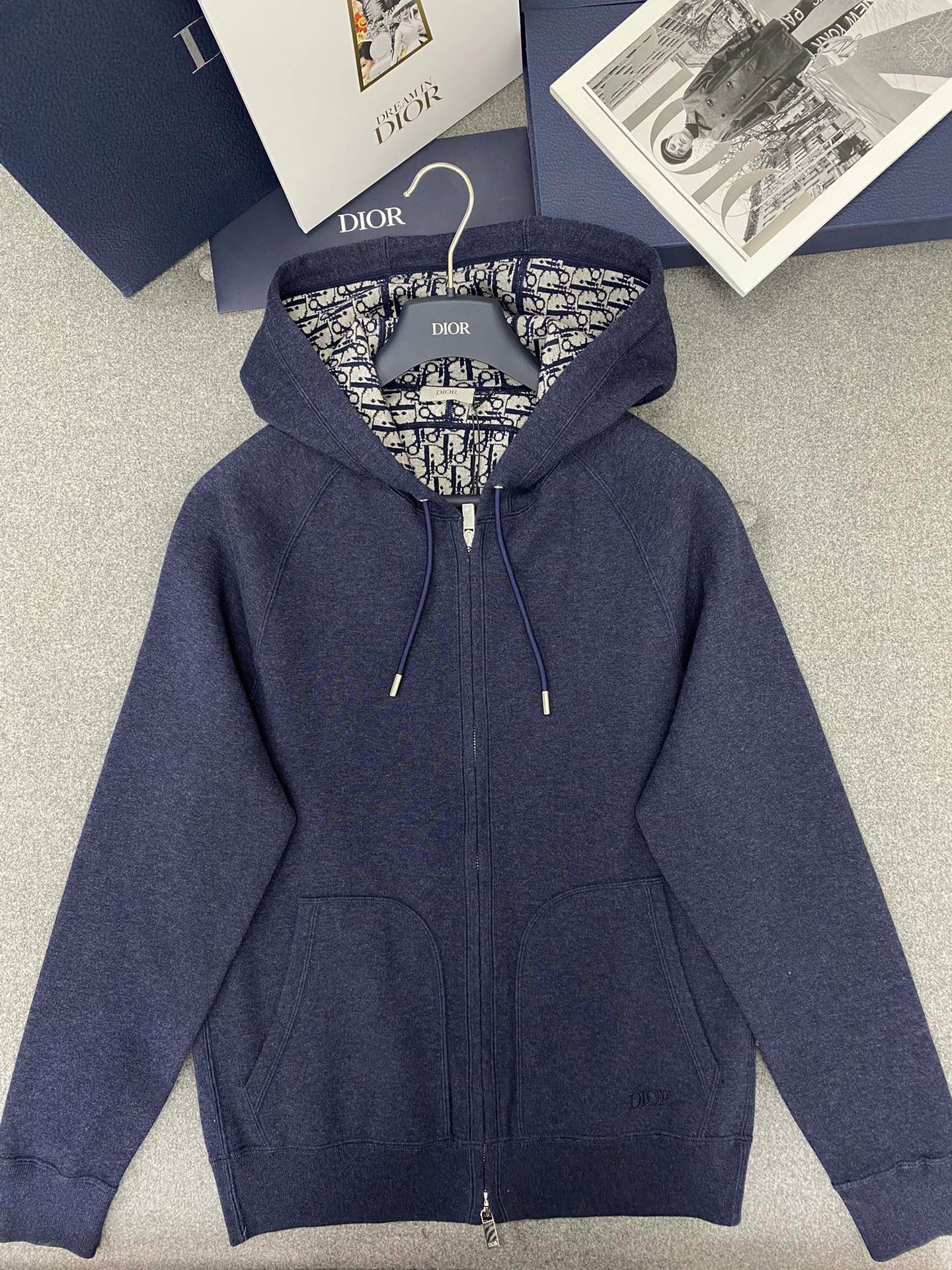 디올 네이비 블루 코튼 캐시미어 니트 후드 트랙 자켓