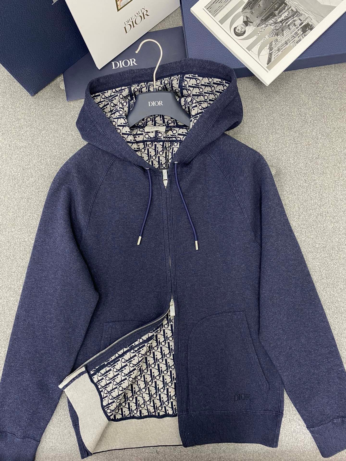 디올 네이비 블루 코튼 캐시미어 니트 후드 트랙 자켓