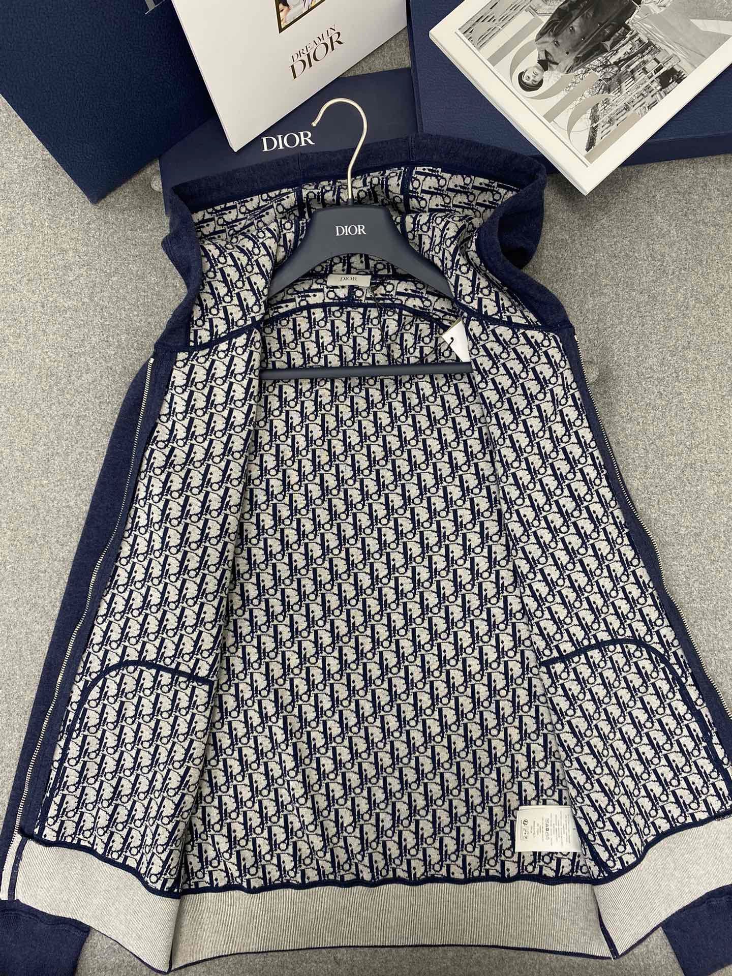 디올 네이비 블루 코튼 캐시미어 니트 후드 트랙 자켓