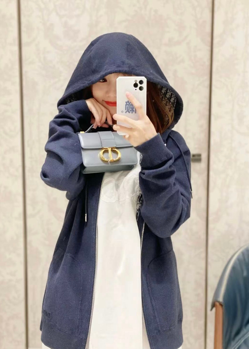 디올 네이비 블루 코튼 캐시미어 니트 후드 트랙 자켓