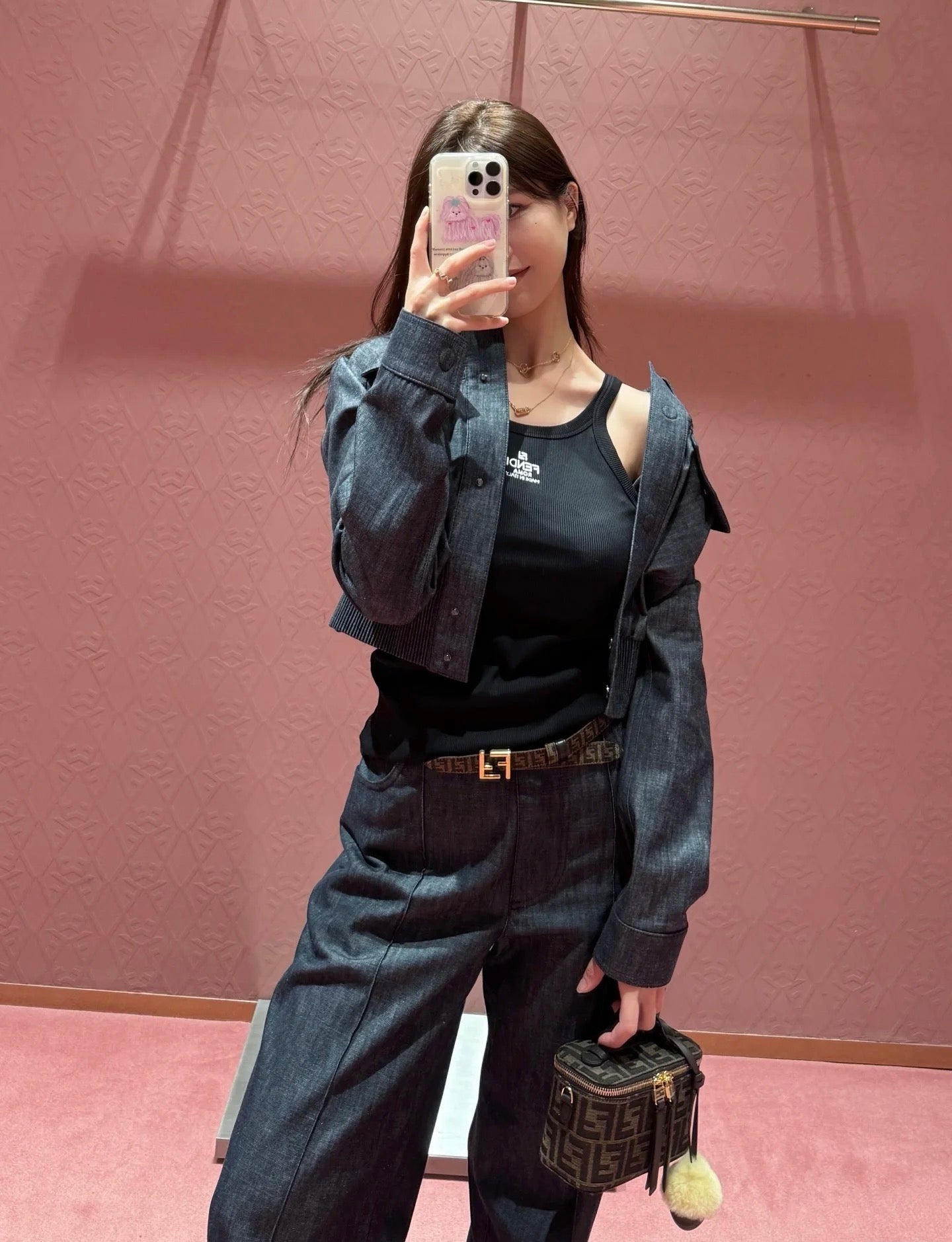 펜디 토바코 FF 자카드 패브릭 배니티 미니백