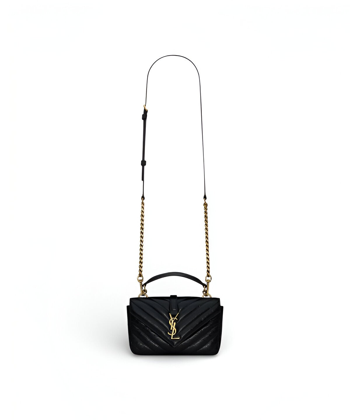 생로랑 컬리지 미니 체인 백 쉐브론 퀼팅 YSL 로고 블랙 가죽 체인 스트랩 미니 크로스백
